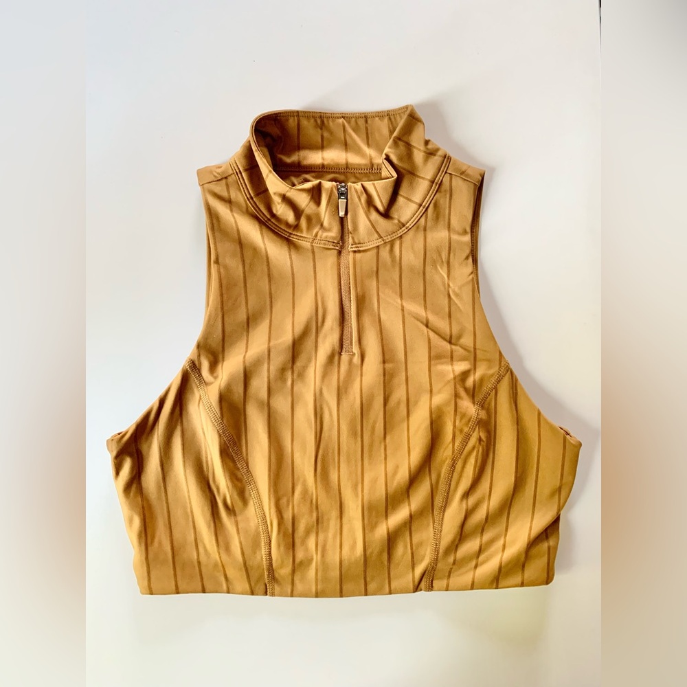 JoyLab Mustard Yellow High Neck Sleeveless Stripe Zipper Crop Top US Medium